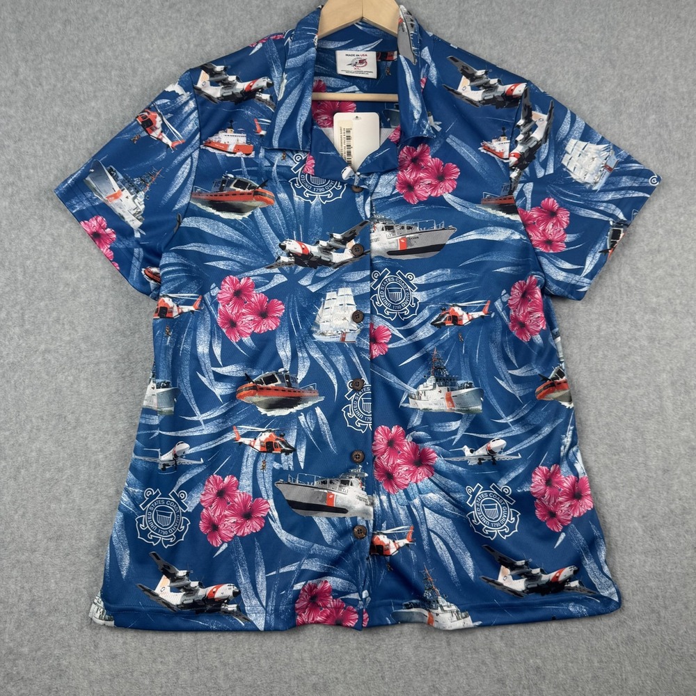 AE Sport Hawaiian Shirt Womens XL Blue Coast Guard Floral Boats USA Military NEW